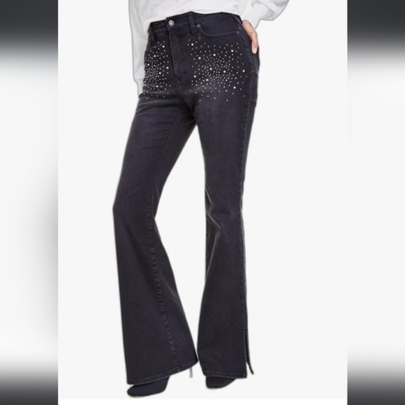 INC INTERNATIONAL CONCEPTS black High Rise Rhinestone Studded Flare Jeans size 2 - Picture 2 of 7